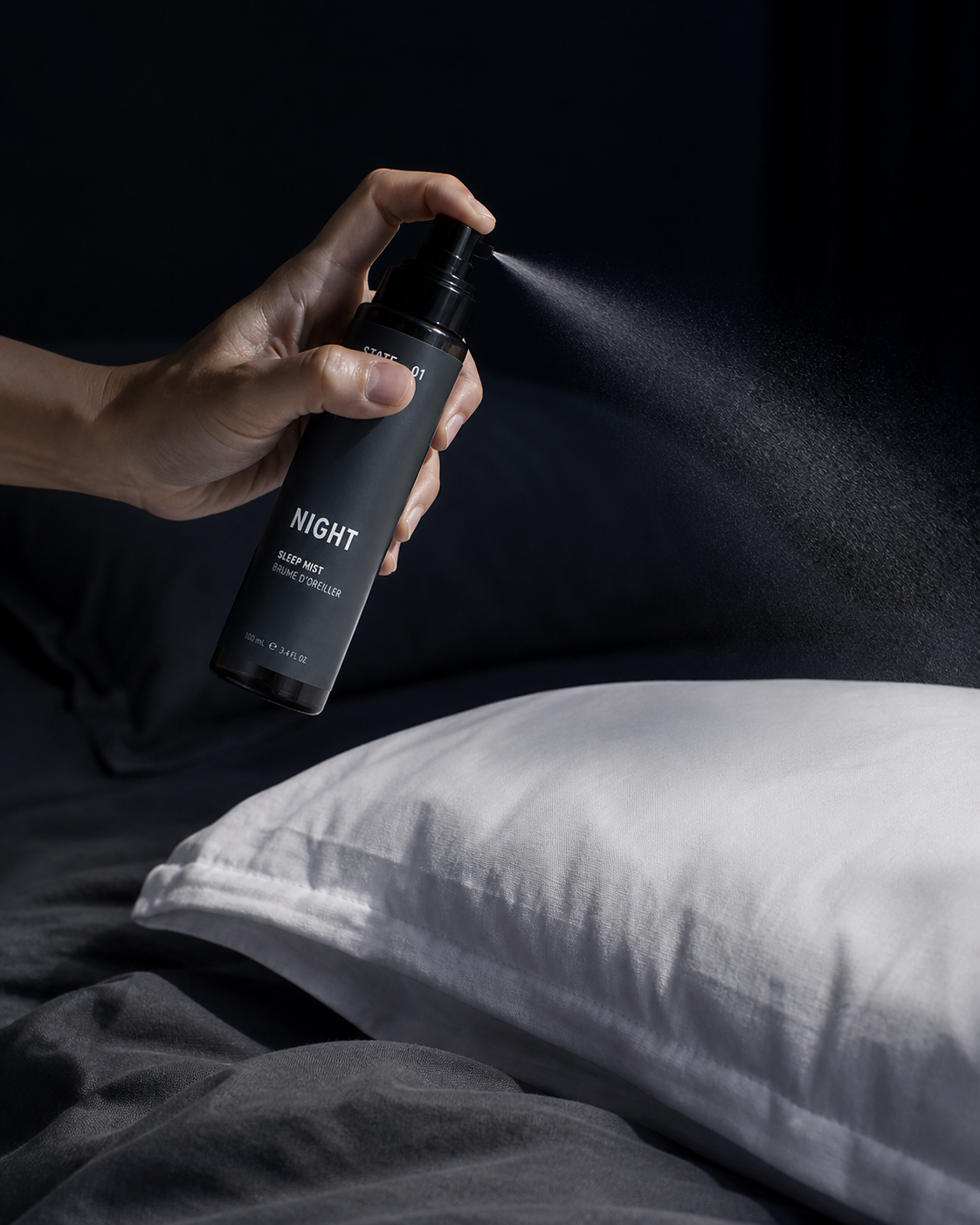 STATE 01 NIGHT on white bedding